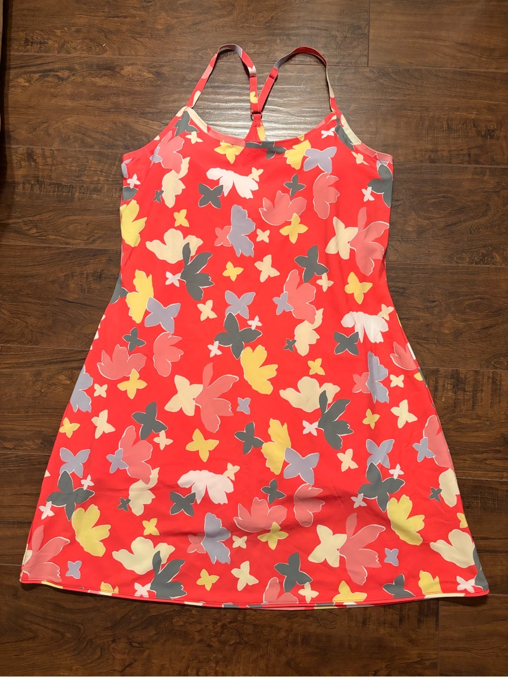 Outdoor Voices Red Floral-Butterfly Print Athletic Dress with Shorts